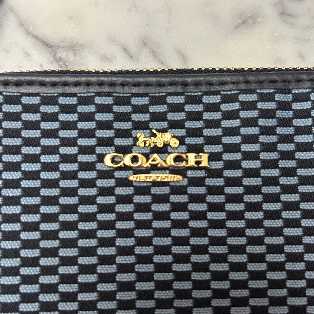 Coach Dark and Light Blue Woven Wristlet with Gold Logo and Legacy Pattern - Picture 2 of 4